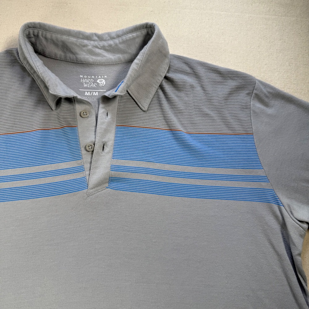 Mountain Hardwear Mens Medium Gray Blue Striped Polo Shirt Short Sleeve  Casual